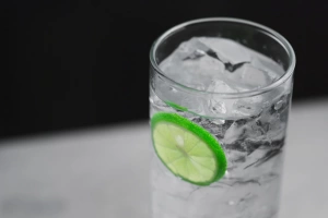 Vaso alto con chilcano de pisco rodaja de limón y hielo reluciente