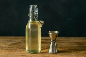 delicioso jarabe de goma casero en botella de vidrio transparente
