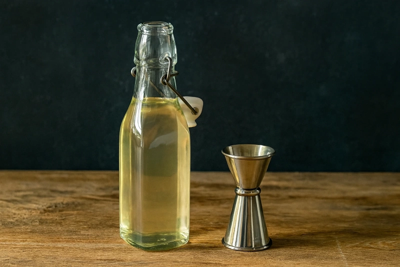 delicioso jarabe de goma casero en botella de vidrio transparente