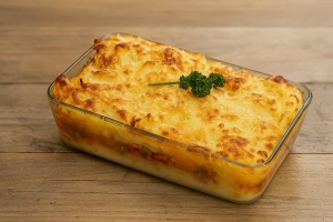 Delicioso pastel de papa navideño dorado y cremoso