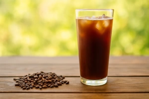 vaso de refrescante bebida de cebada sobre mesa de madera