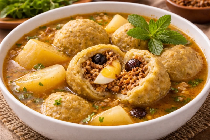 Caldo de bolas tumbesino con maní servido en plato hondo