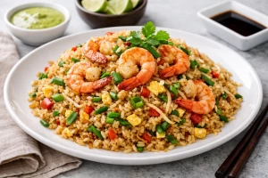 Chaufa de langostinos con arroz y vegetales salteados