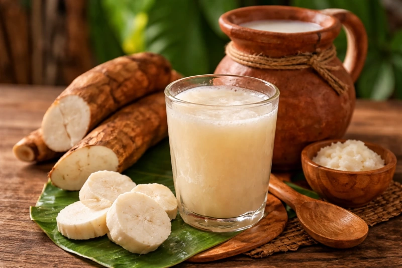 vaso de masato de yuca espumoso junto a una jarra de barro