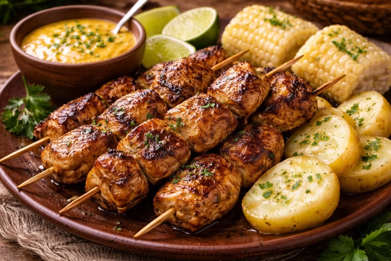 Deliciosos anticuchos de pollo con sus acompañamientos