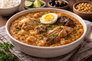 Deliciosa sopa teóloga peruana con pan, carnes y huevo