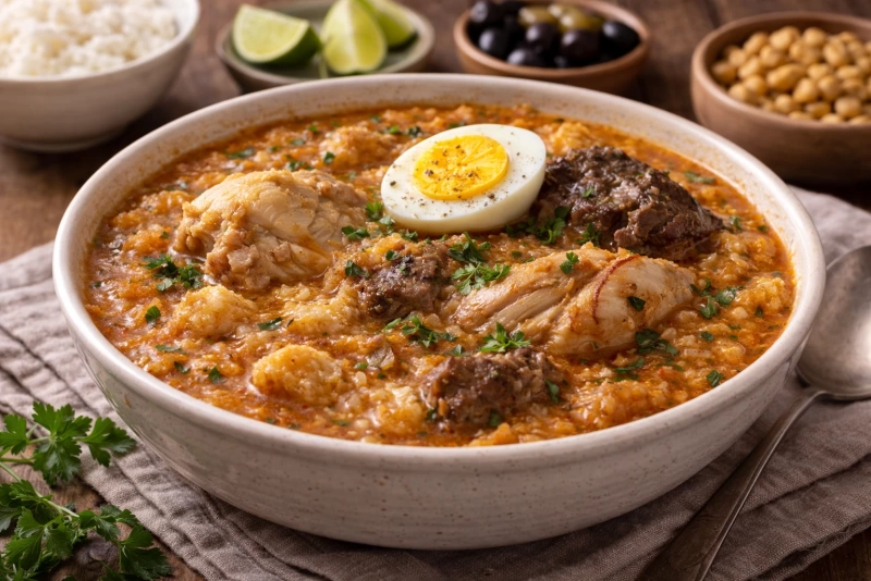 Deliciosa sopa teóloga peruana con pan, carnes y huevo