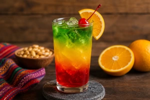Vaso alto con capas de colores vibrantes y una rodaja de naranja