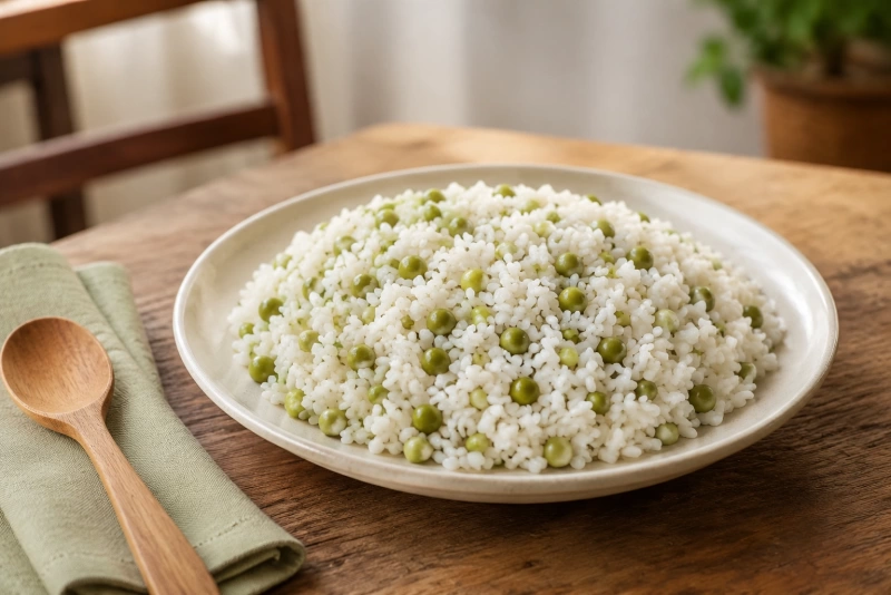 Plato servido colorido con arroz blanco y frejoles de palo
