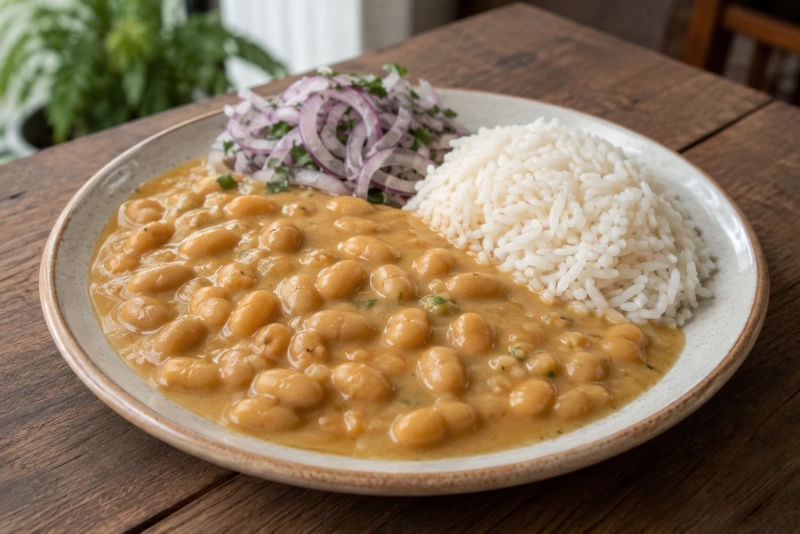 Frejoles cocidos en plato y acompañados con arroz blanco y sarsa criolla