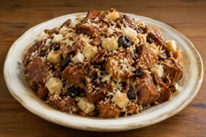 Ranfañote dorado con miel nueces y pasas en un plato