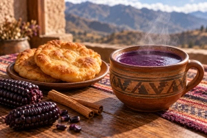 Taza de barro humeante con api morado espeso acompañado de cachangas