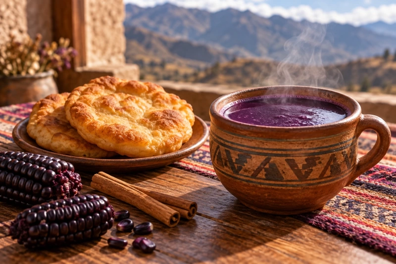 Taza de barro humeante con api morado espeso acompañado de cachangas