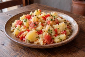 Plato de escribano arequipeño sobre mesa rústica