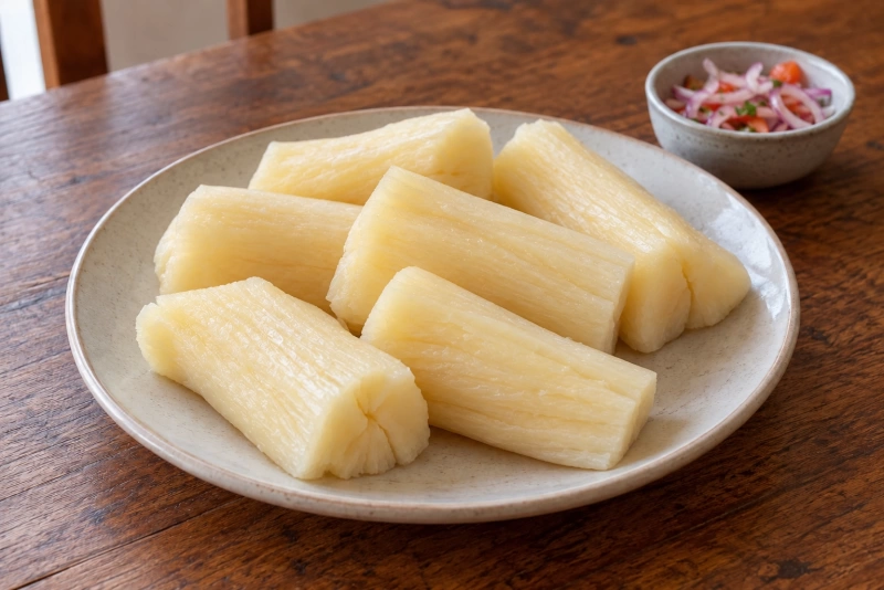Yuca dorada en plato con salsa criolla al lado