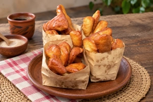Yuquitas doradas crujientes espolvoreadas con azúcar en un plato colorido