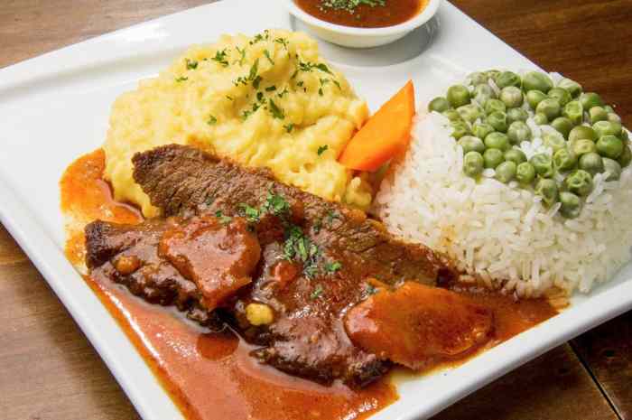 imagen plato de asado de carne peruano con pure y arroz blanco